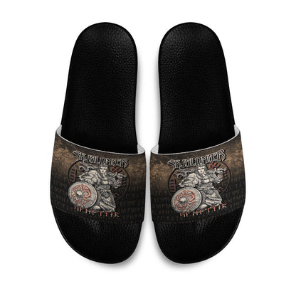 Slide Sandals Skjaldmaer Shieldmaiden Norse Younger Futhark Runes Female Viking Warrior Vegvisir Slide Sandals