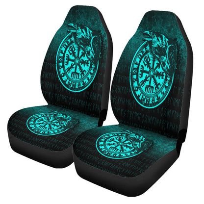 Car Seat Covers Viking Vegvisir Rune With Crow Cyan Version Car Seat Covers