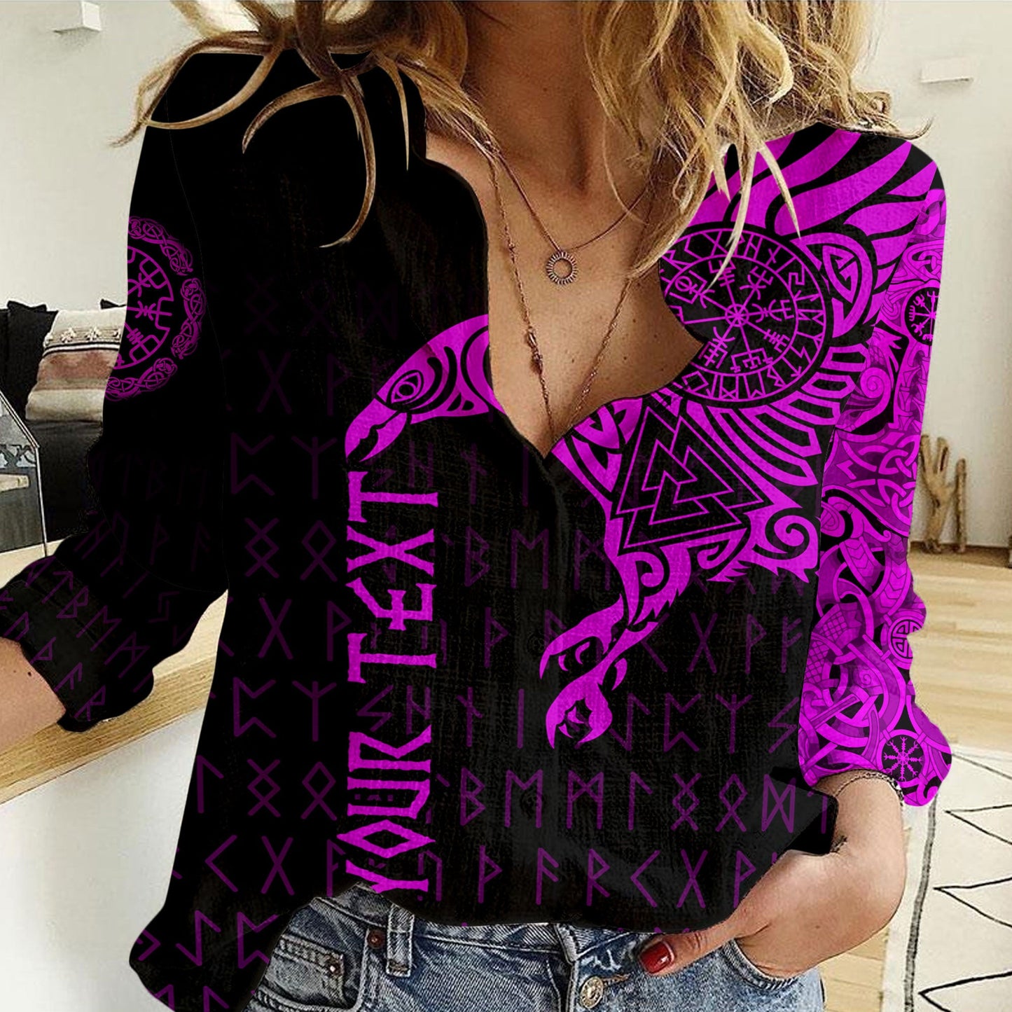 Clothing Custom Viking The Raven Of Odin Special Tattoo Pink Version Women Casual Shirt