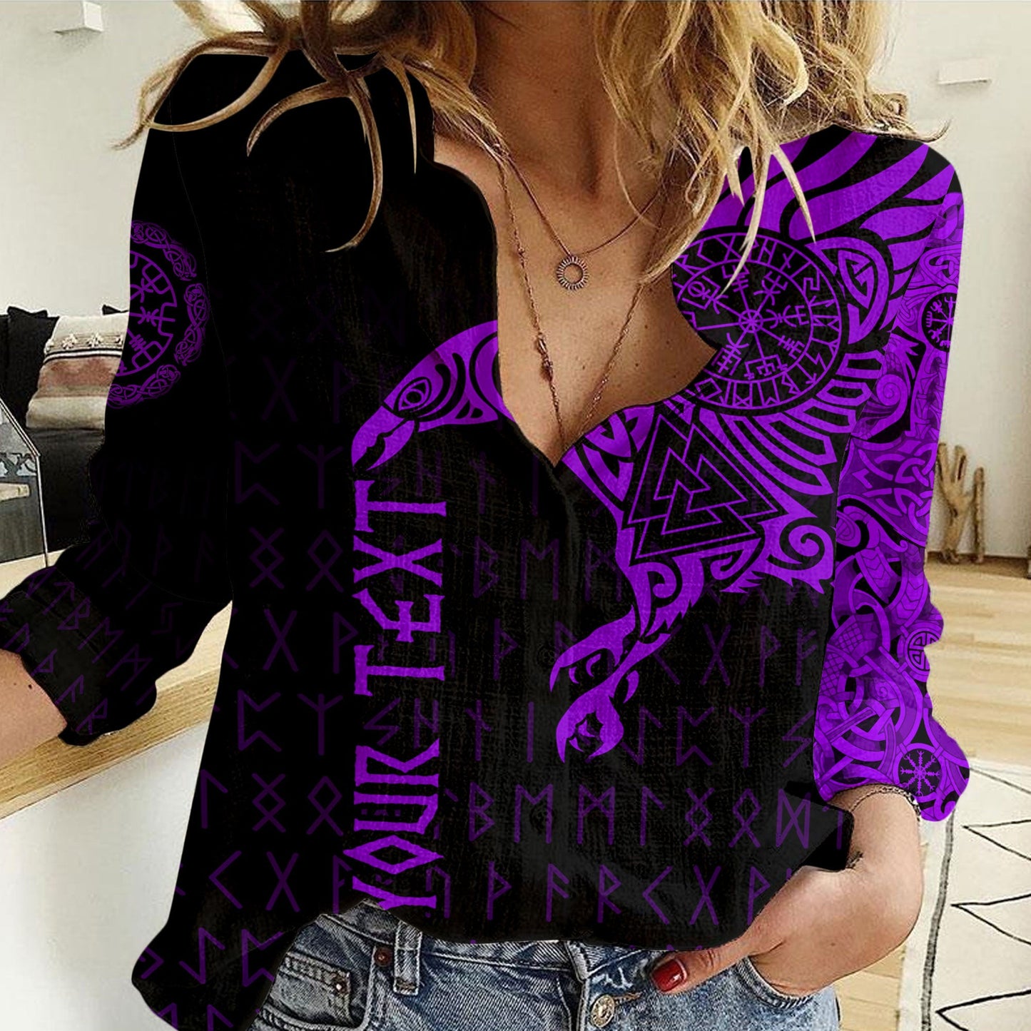 Clothing Custom Viking The Raven Of Odin Special Tattoo Purple Version Women Casual Shirt