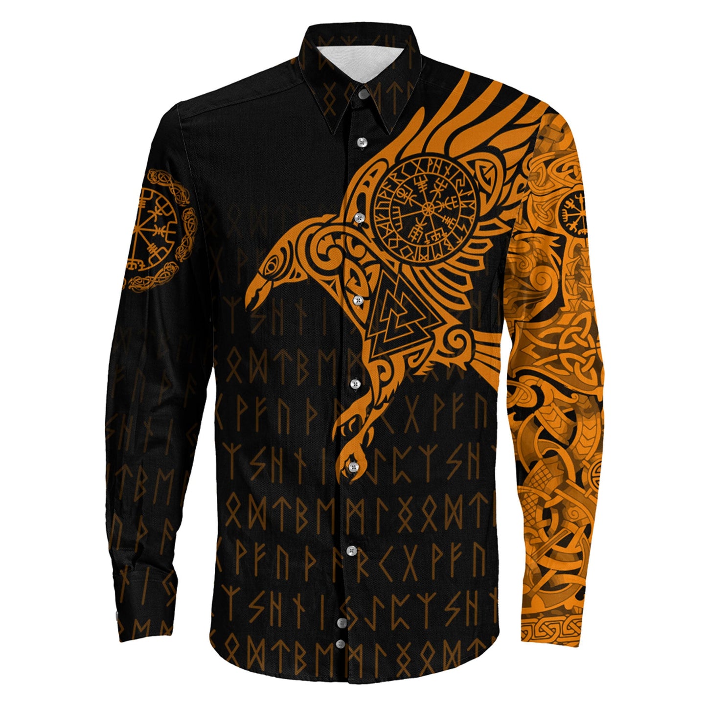 Clothing Viking The Raven Of Odin Special Tattoo Orange Version Long Sleeve Button Shirt