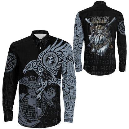 Clothing Viking U.S Army Never Retreat Never Surrender And The Raven Of Odin Special Tattoo Long Sleeve Button Shirt