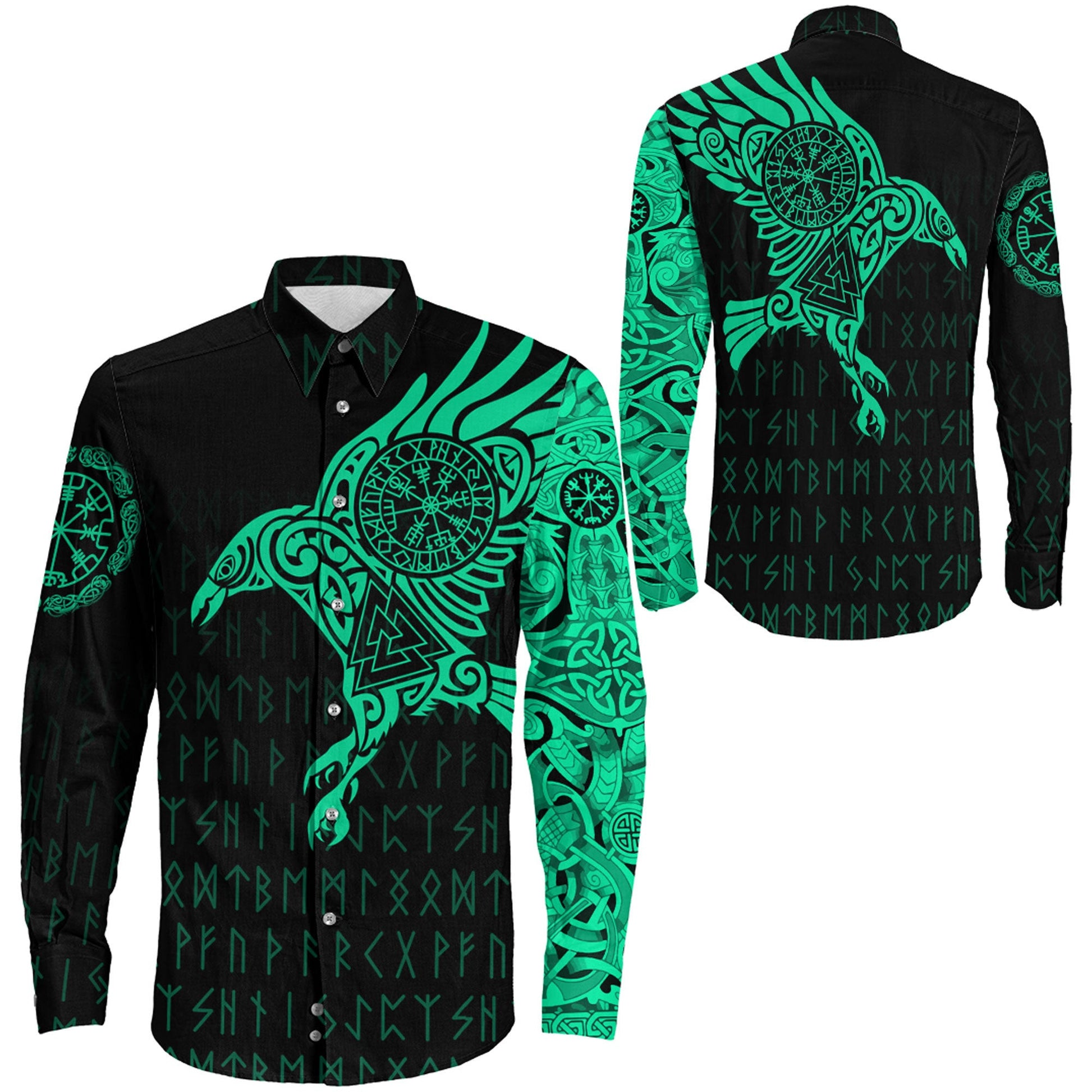 Clothing Viking The Raven Of Odin Special Tattoo Green Cyan Version Long Sleeve Button Shirt