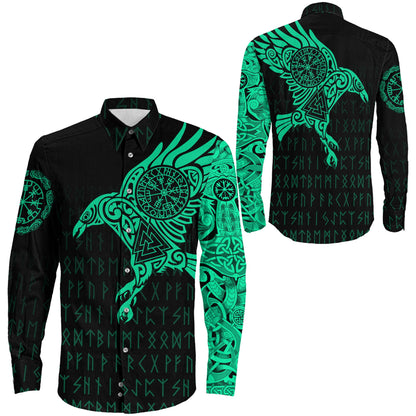 Clothing Viking The Raven Of Odin Special Tattoo Green Cyan Version Long Sleeve Button Shirt