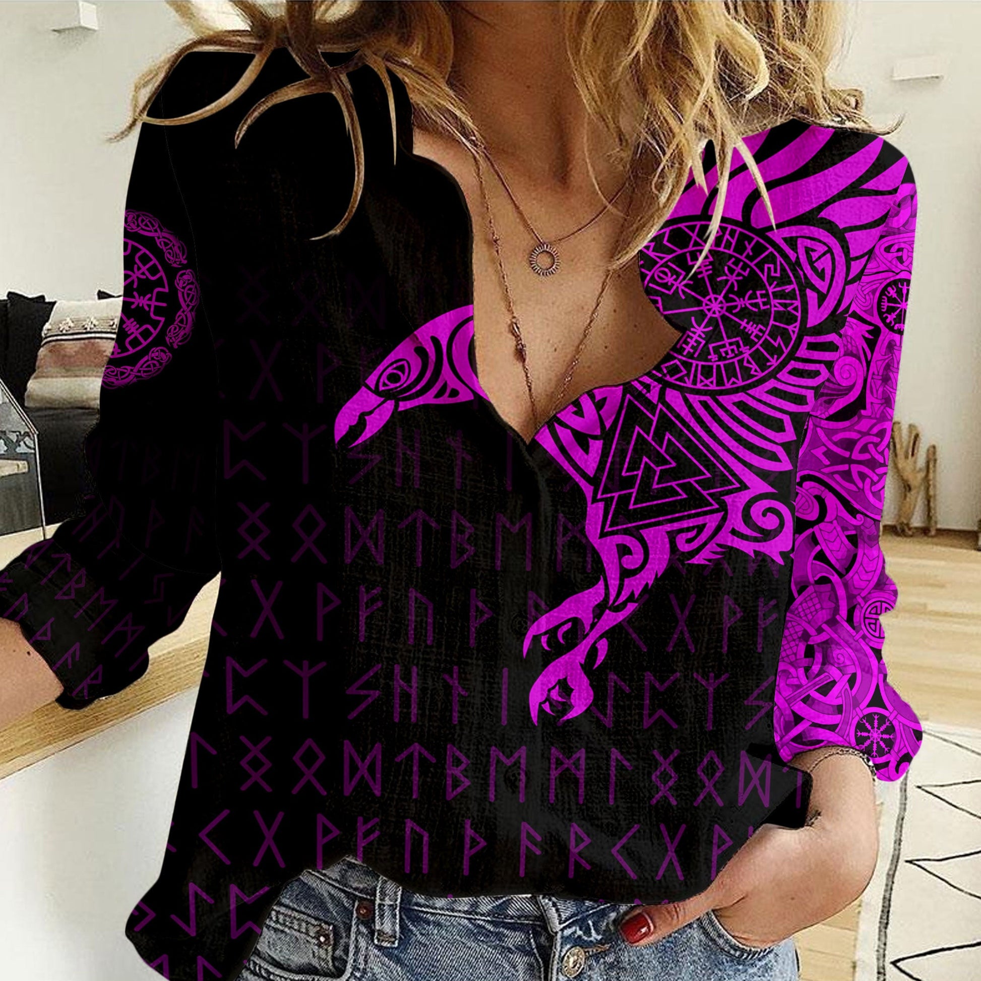 Clothing Viking The Raven Of Odin Special Tattoo Pink Version Women Casual Shirt