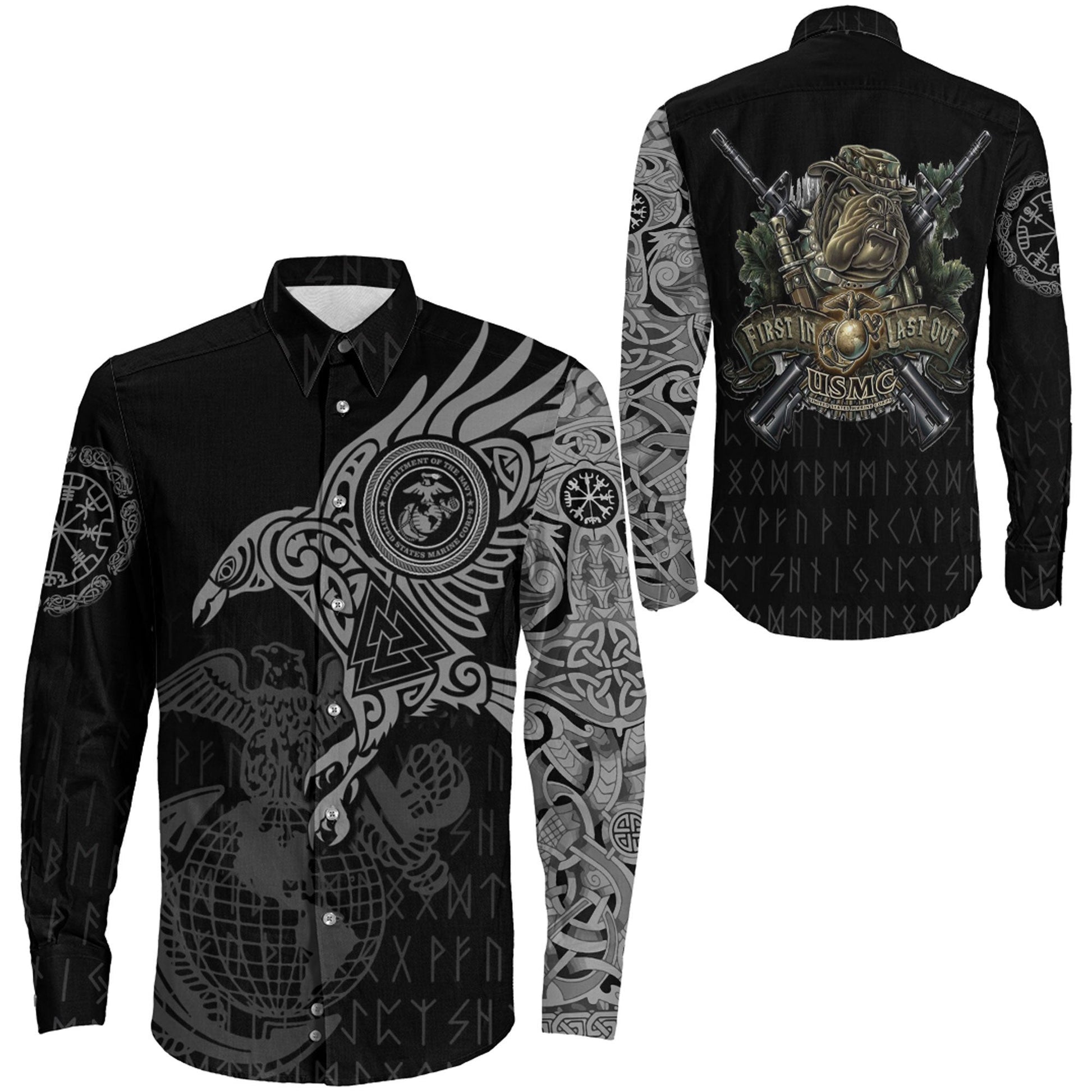 Clothing Viking The Raven Of Odin Special Tattoo Devil Dogs First In Last Out Long Sleeve Button Shirt