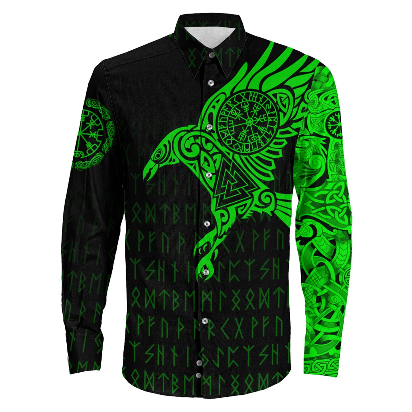 Clothing Viking The Raven Of Odin Special Tattoo Green Version Long Sleeve Button Shirt