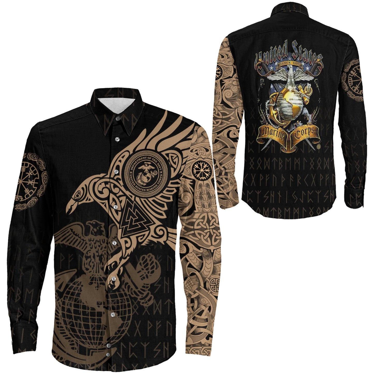 Clothing Viking U.S Army Crossed Swords And The Raven Of Odin Special Tattoo Long Sleeve Button Shirt