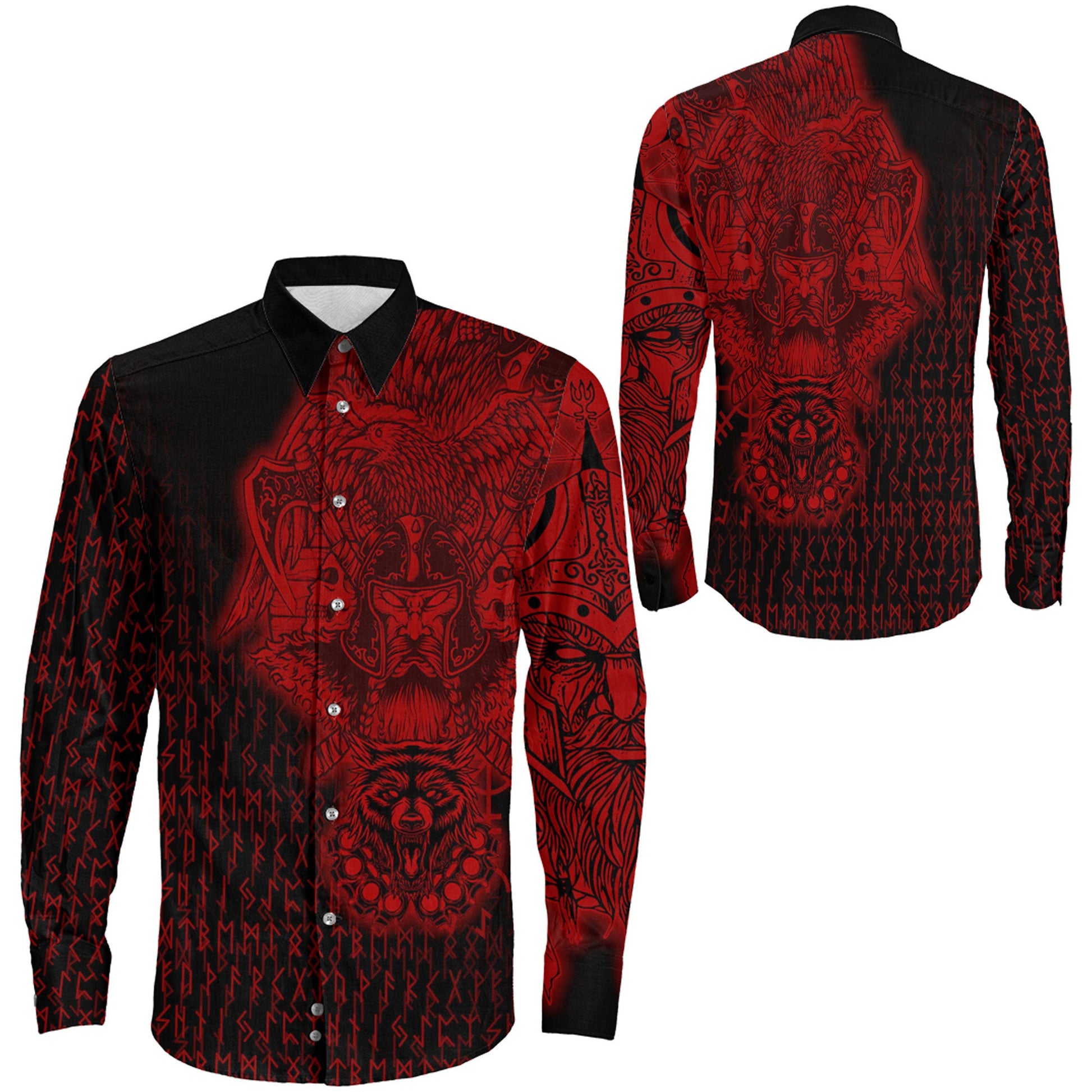 Clothing Odin And Raven Wolf Red Viking Long Sleeve Button Shirt