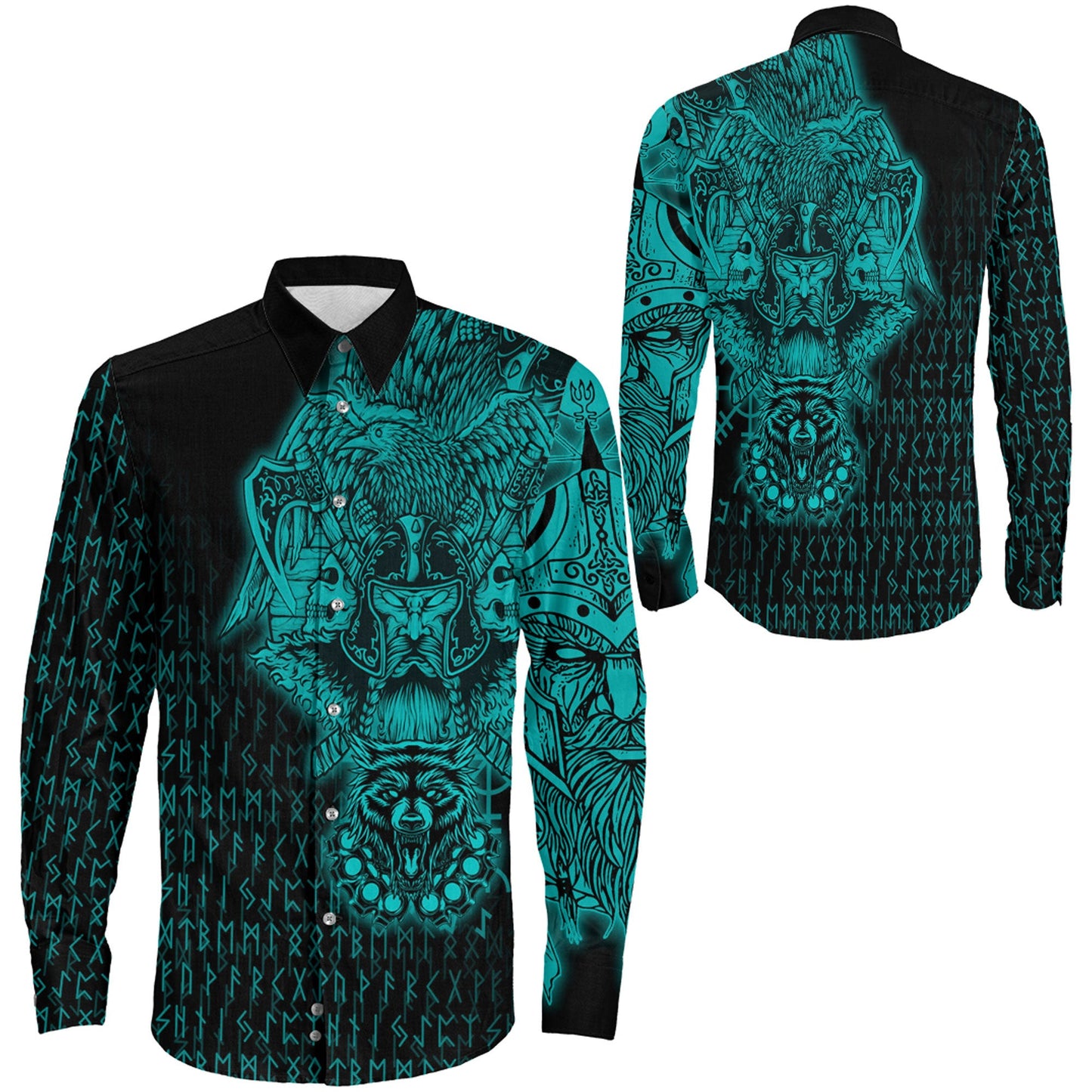 Clothing Odin And Raven Wolf Turquoise Viking Long Sleeve Button Shirt