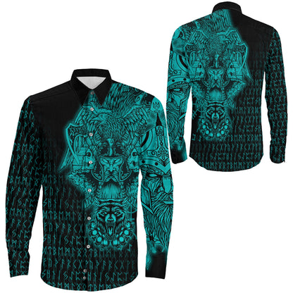 Clothing Odin And Raven Wolf Turquoise Viking Long Sleeve Button Shirt