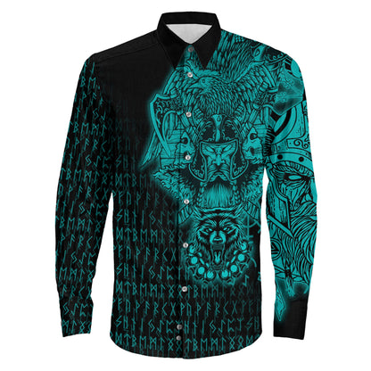 Clothing Odin And Raven Wolf Turquoise Viking Long Sleeve Button Shirt