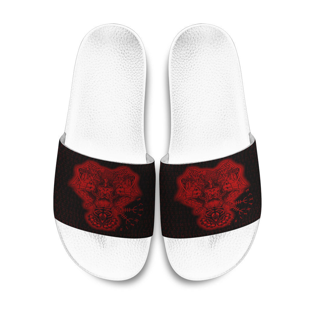 Slide Sandals Odin And Raven Wolf Red Viking Slide Sandals