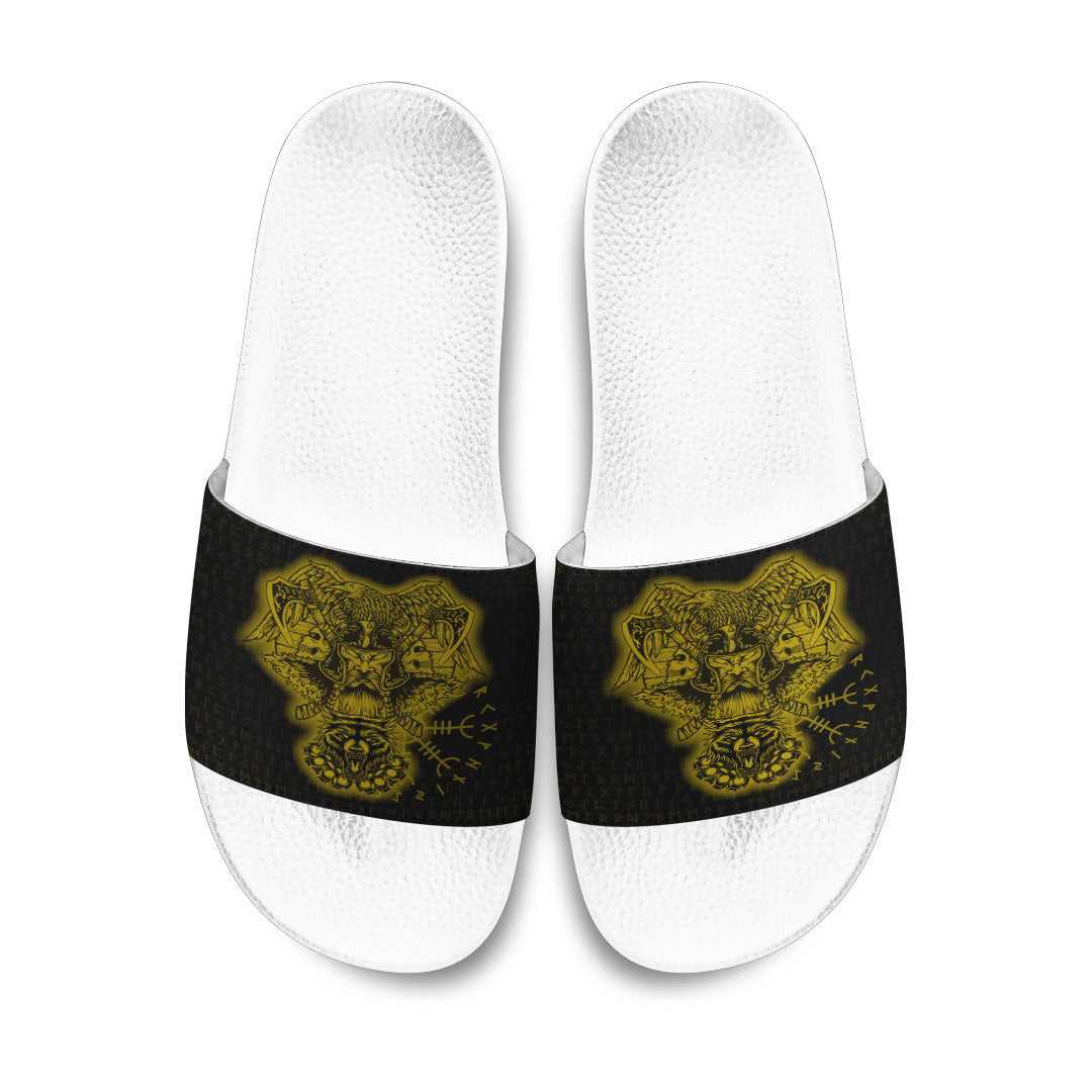 Slide Sandals Odin And Raven Wolf Gold Viking Slide Sandals