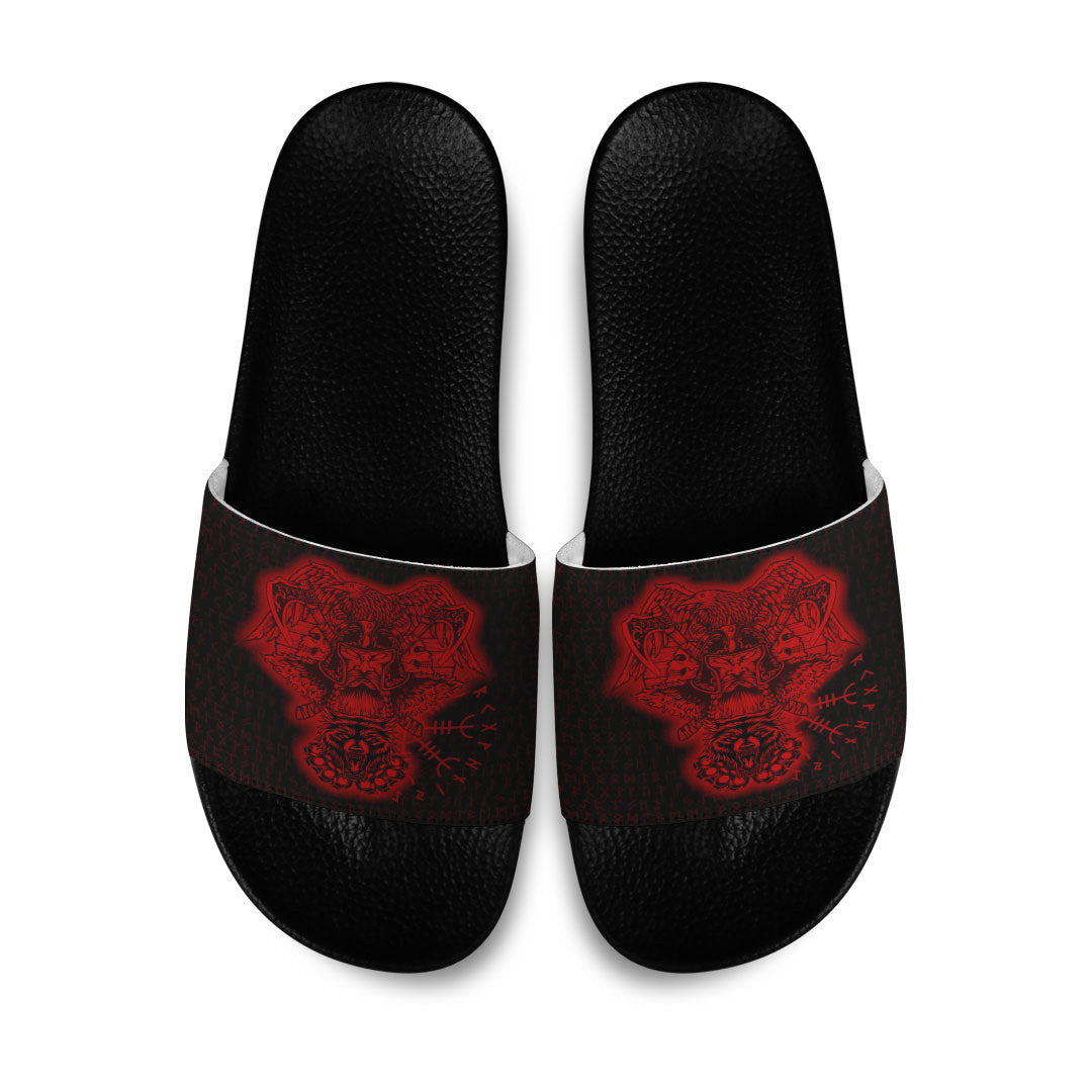 Slide Sandals Odin And Raven Wolf Red Viking Slide Sandals