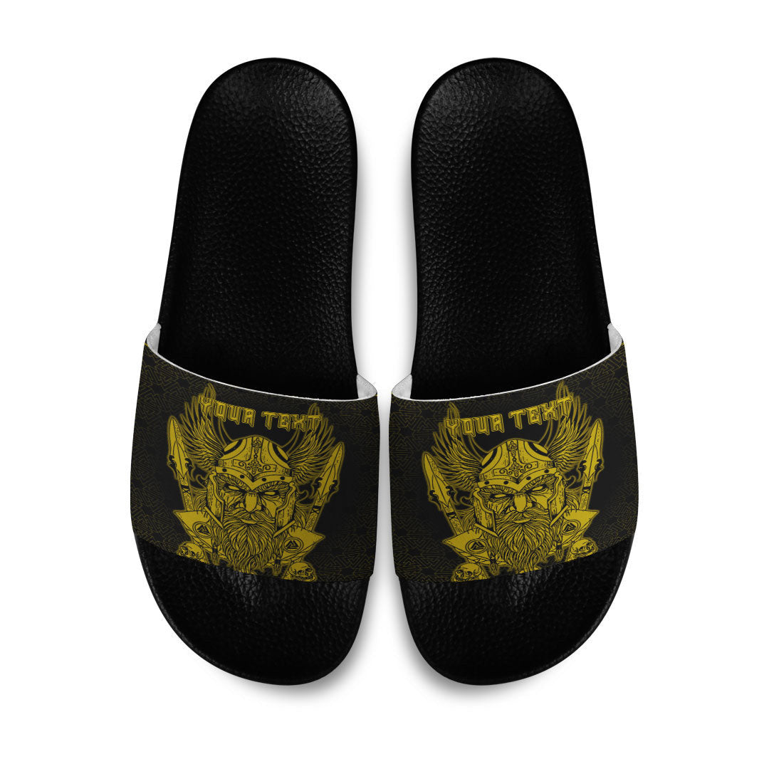 Slide Sandals Custom Odin And Raven Gold Viking Slide Sandals