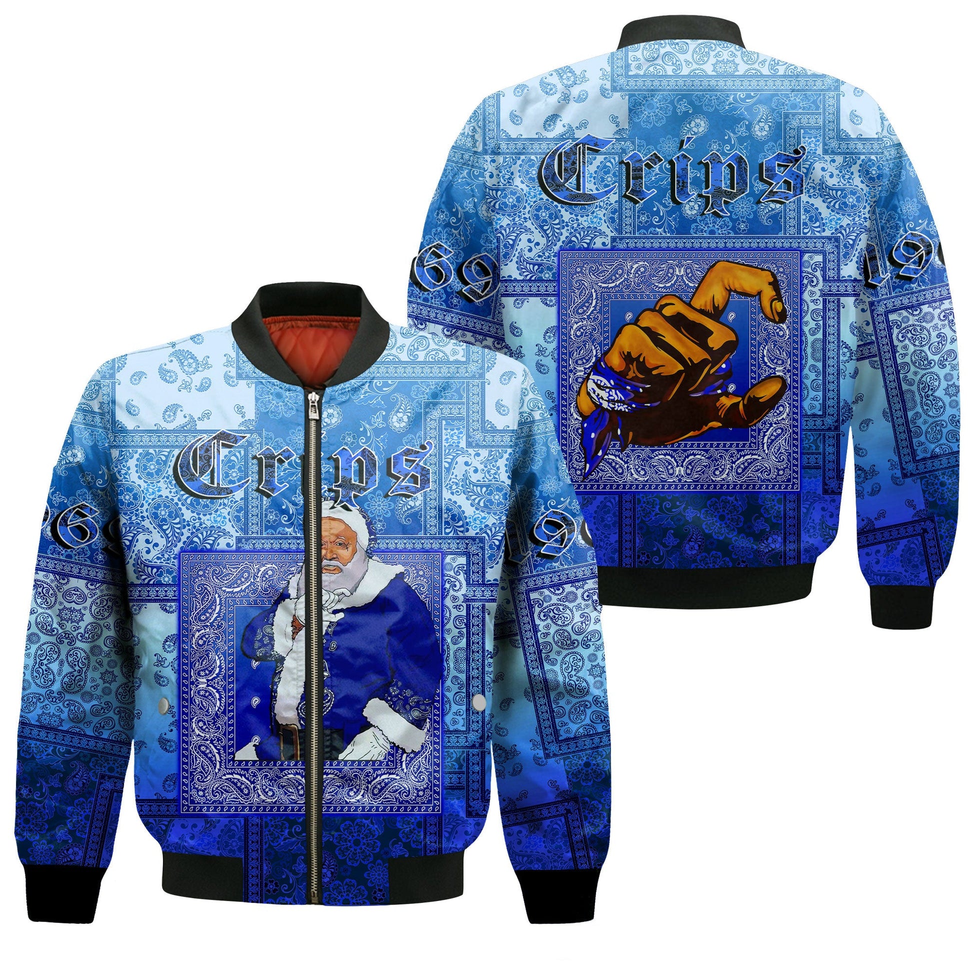 Jacket - Santa Crips Gang Paisley Gradient Football Sleeve Zip Bomber Jacket