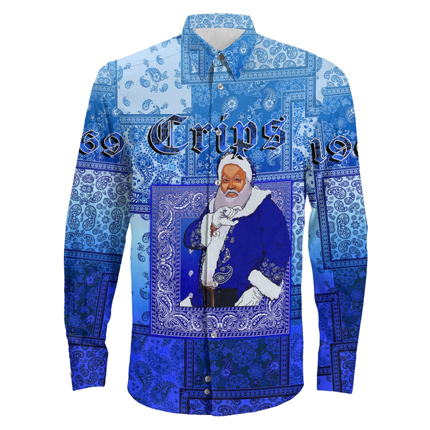 Clothing Santa Crips Gang Paisley Gradient Football Long Sleeve Button Shirt