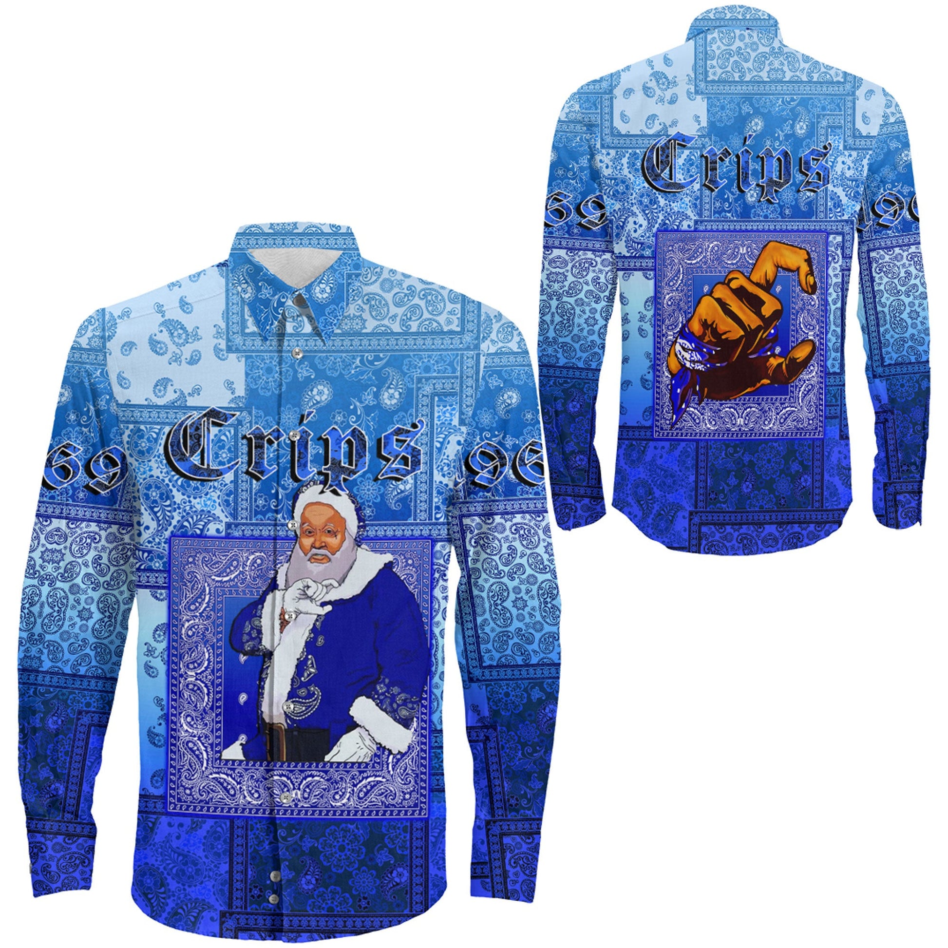 Clothing Santa Crips Gang Paisley Gradient Football Long Sleeve Button Shirt