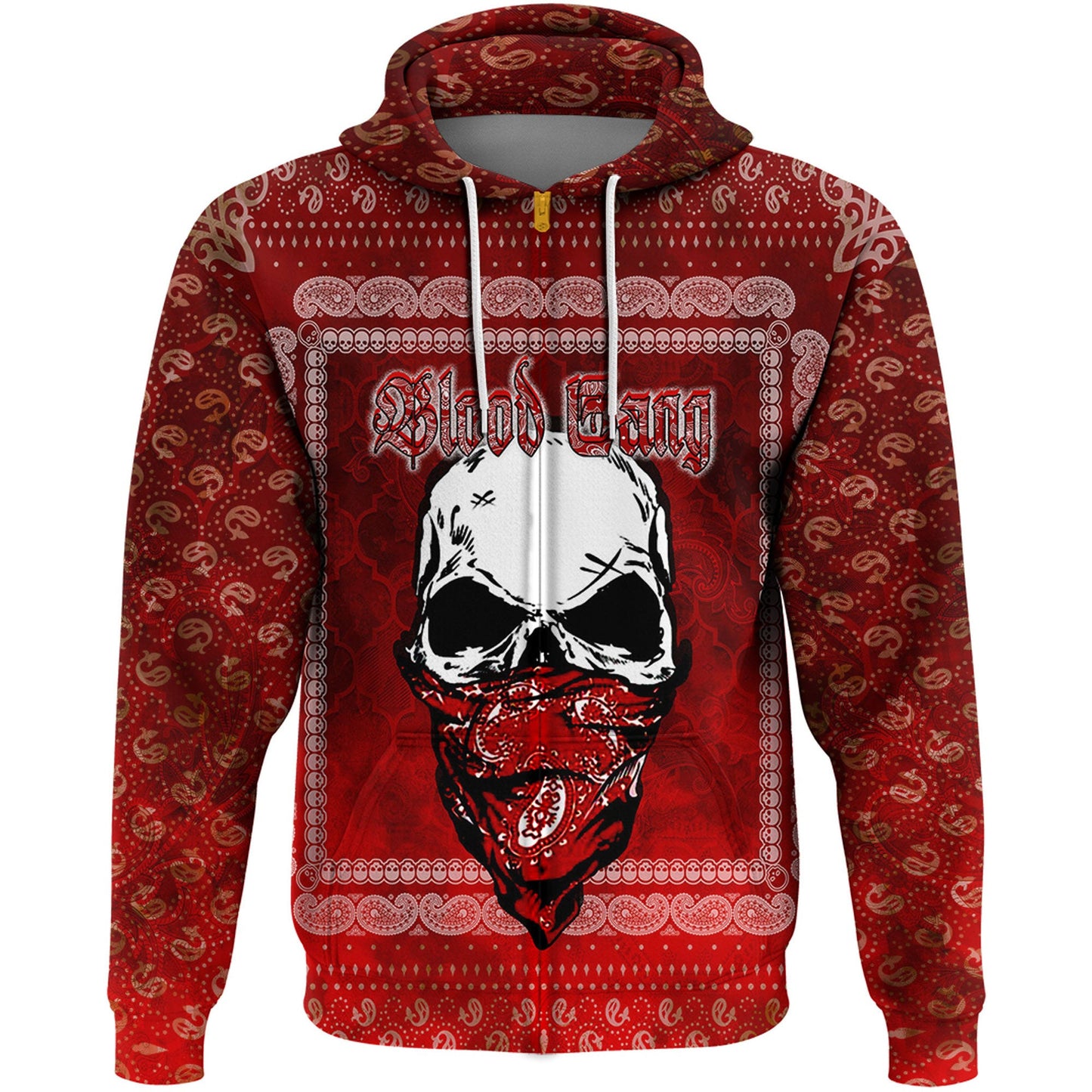 Blood Gang Zip Hoodie Red Skull Gang Bandana Pattern Hoodie