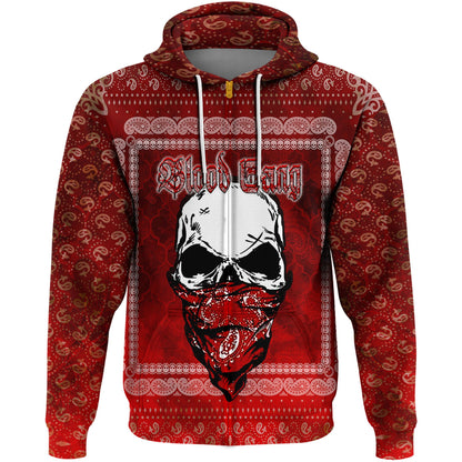 Blood Gang Zip Hoodie Red Skull Gang Bandana Pattern Hoodie
