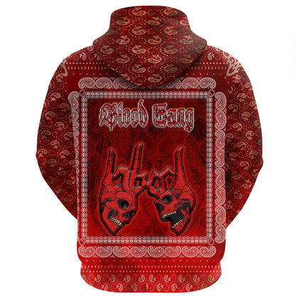 Blood Gang Zip Hoodie Red Skull Gang Bandana Pattern Hoodie