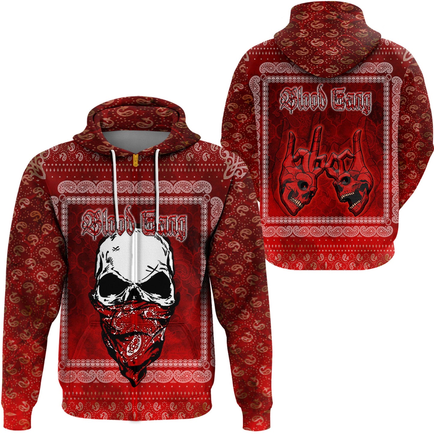 Blood Gang Zip Hoodie Red Skull Gang Bandana Pattern Hoodie