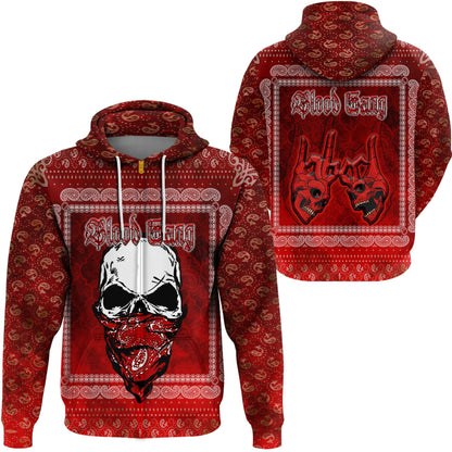 Blood Gang Zip Hoodie Red Skull Gang Bandana Pattern Hoodie