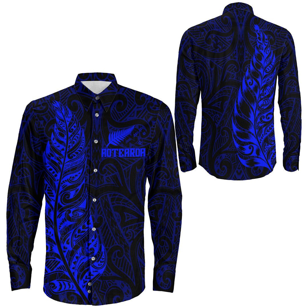 Clothing New Zealand Aotearoa Maori Silver Fern Blue Version Long Sleeve Button Shirt