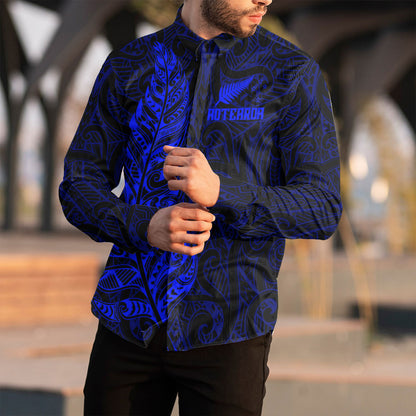Clothing New Zealand Aotearoa Maori Silver Fern Blue Version Long Sleeve Button Shirt