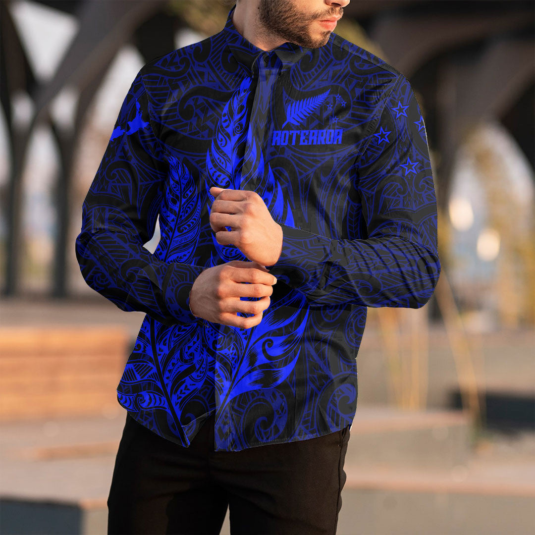 Clothing New Zealand Aotearoa Maori Silver Fern New Blue Version Long Sleeve Button Shirt