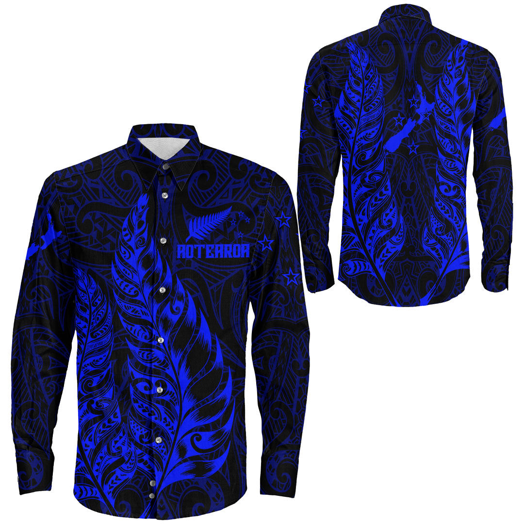 Clothing New Zealand Aotearoa Maori Silver Fern New Blue Version Long Sleeve Button Shirt
