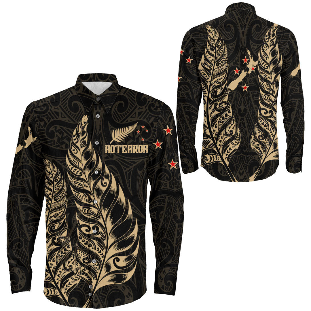 Clothing New Zealand Aotearoa Maori Silver Fern New Gold Version Long Sleeve Button Shirt