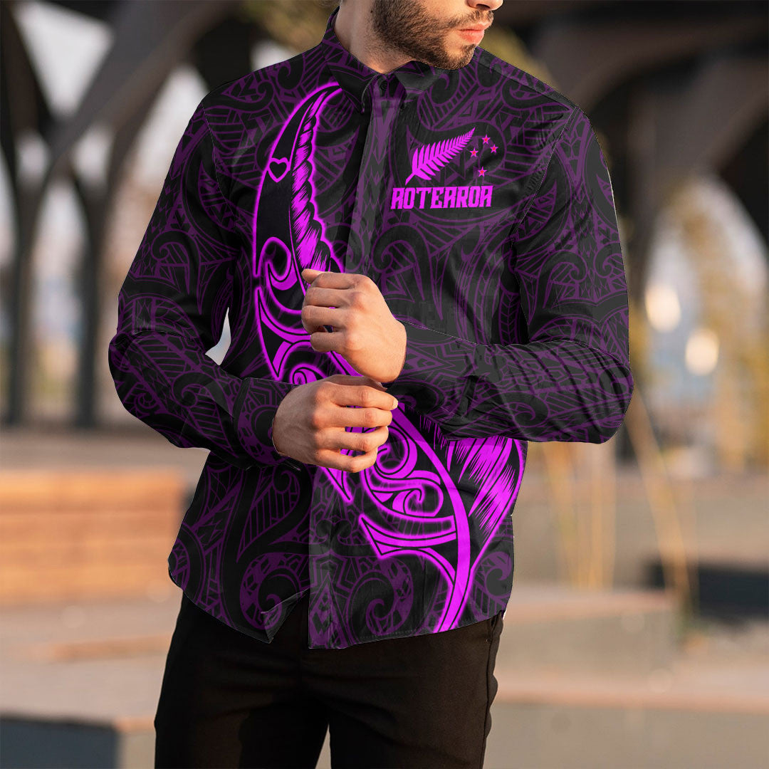 Clothing New Zealand Aotearoa Maori Fern Pink Version Long Sleeve Button Shirt
