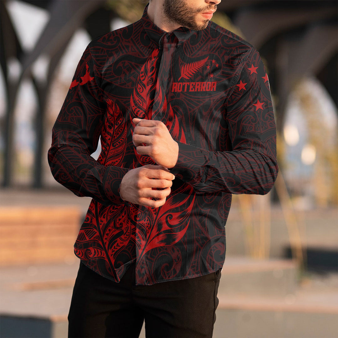Clothing New Zealand Aotearoa Maori Silver Fern New Red Version Long Sleeve Button Shirt