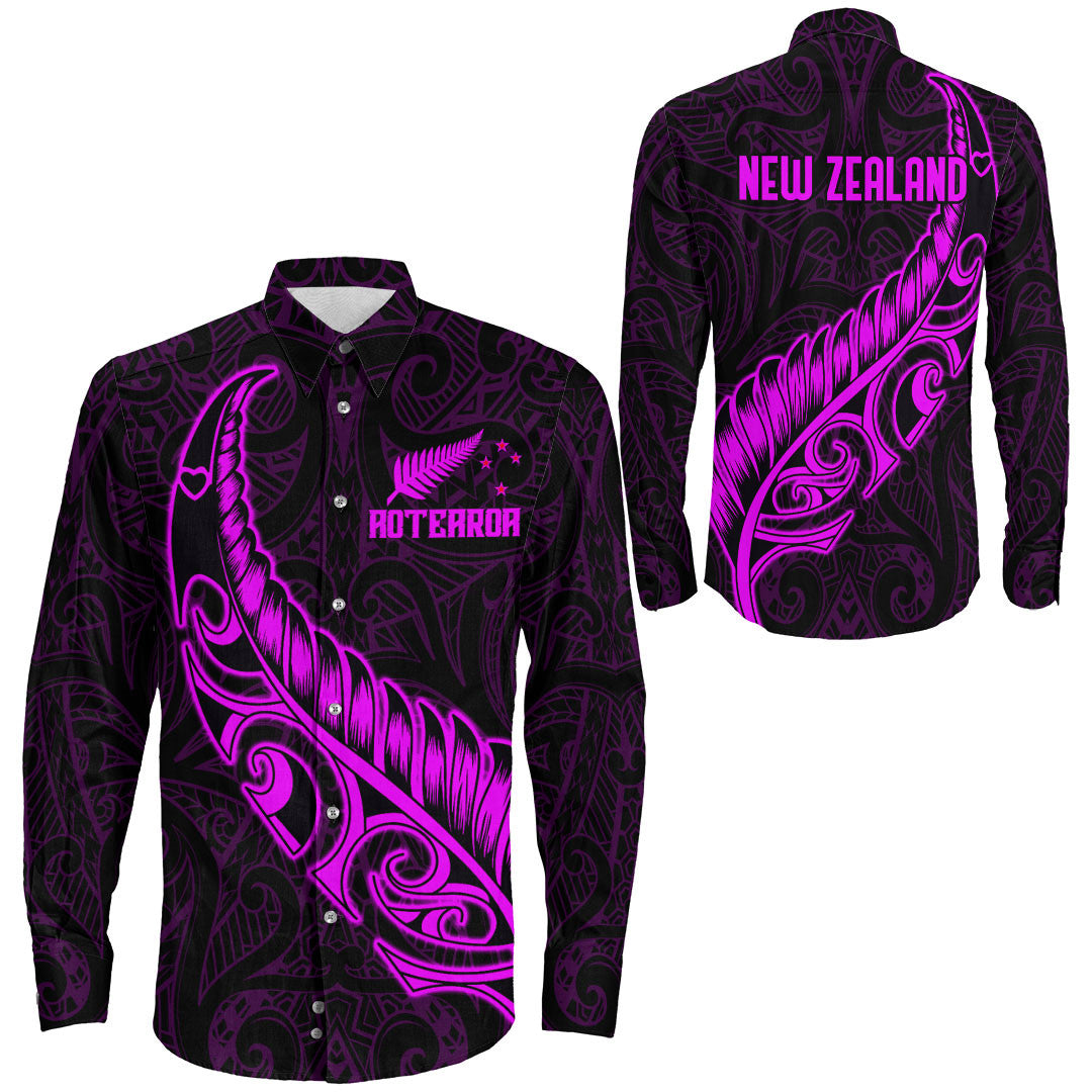 Clothing New Zealand Aotearoa Maori Fern Pink Version Long Sleeve Button Shirt