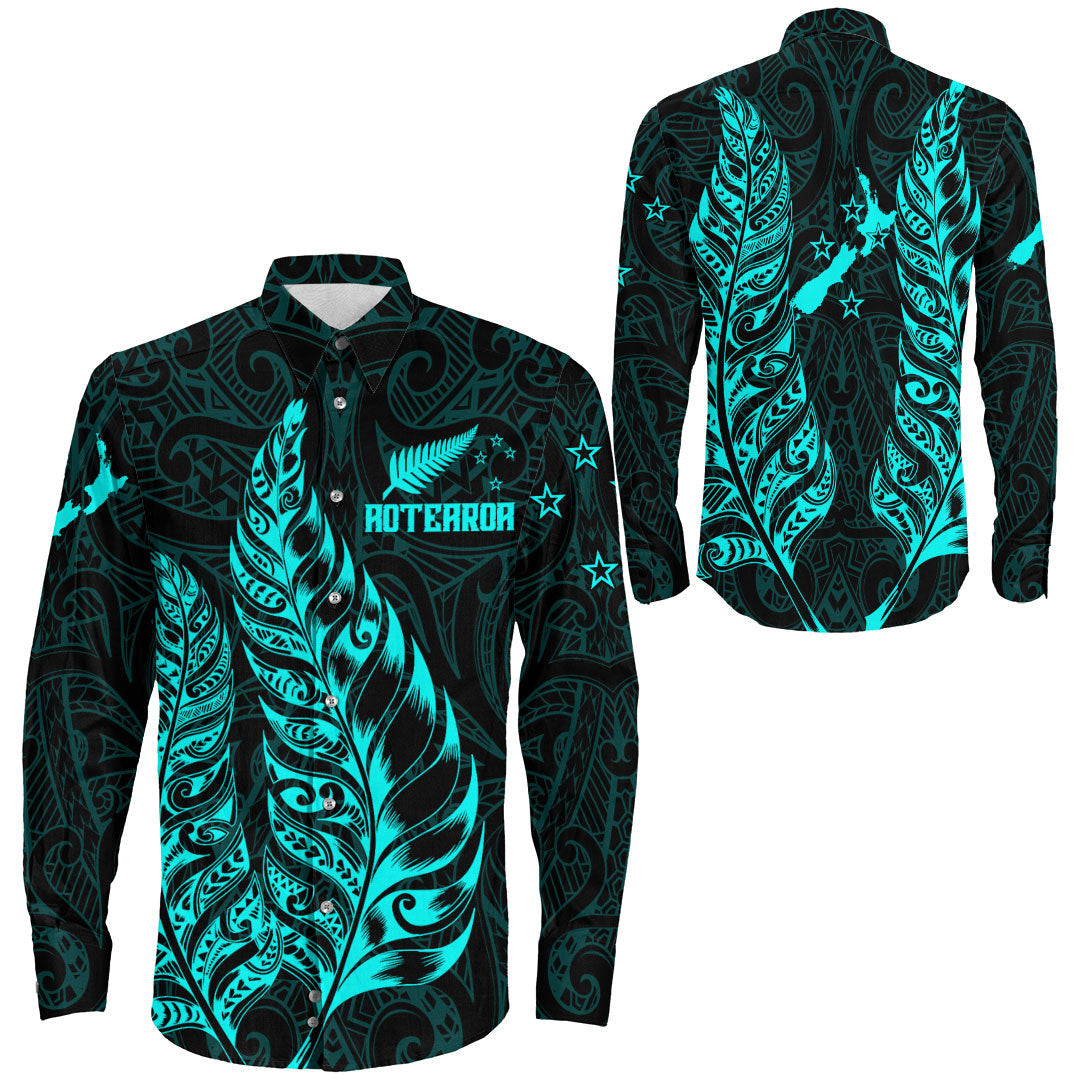 Clothing New Zealand Aotearoa Maori Silver Fern New Cyan Version Long Sleeve Button Shirt