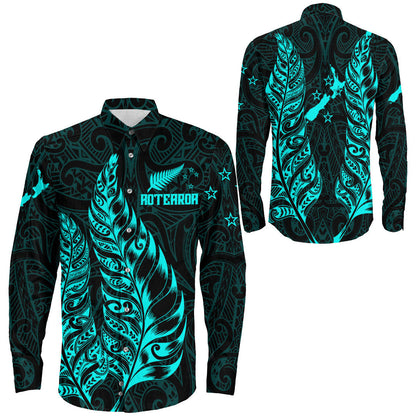 Clothing New Zealand Aotearoa Maori Silver Fern New Cyan Version Long Sleeve Button Shirt