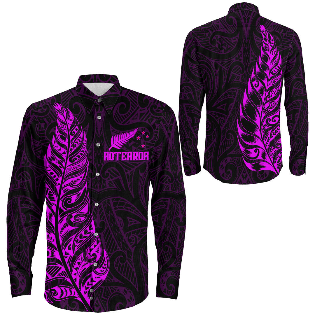 Clothing New Zealand Aotearoa Maori Silver Fern Pink Version Long Sleeve Button Shirt