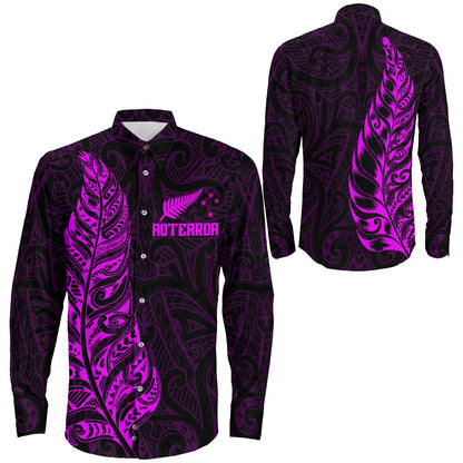 Clothing New Zealand Aotearoa Maori Silver Fern Pink Version Long Sleeve Button Shirt