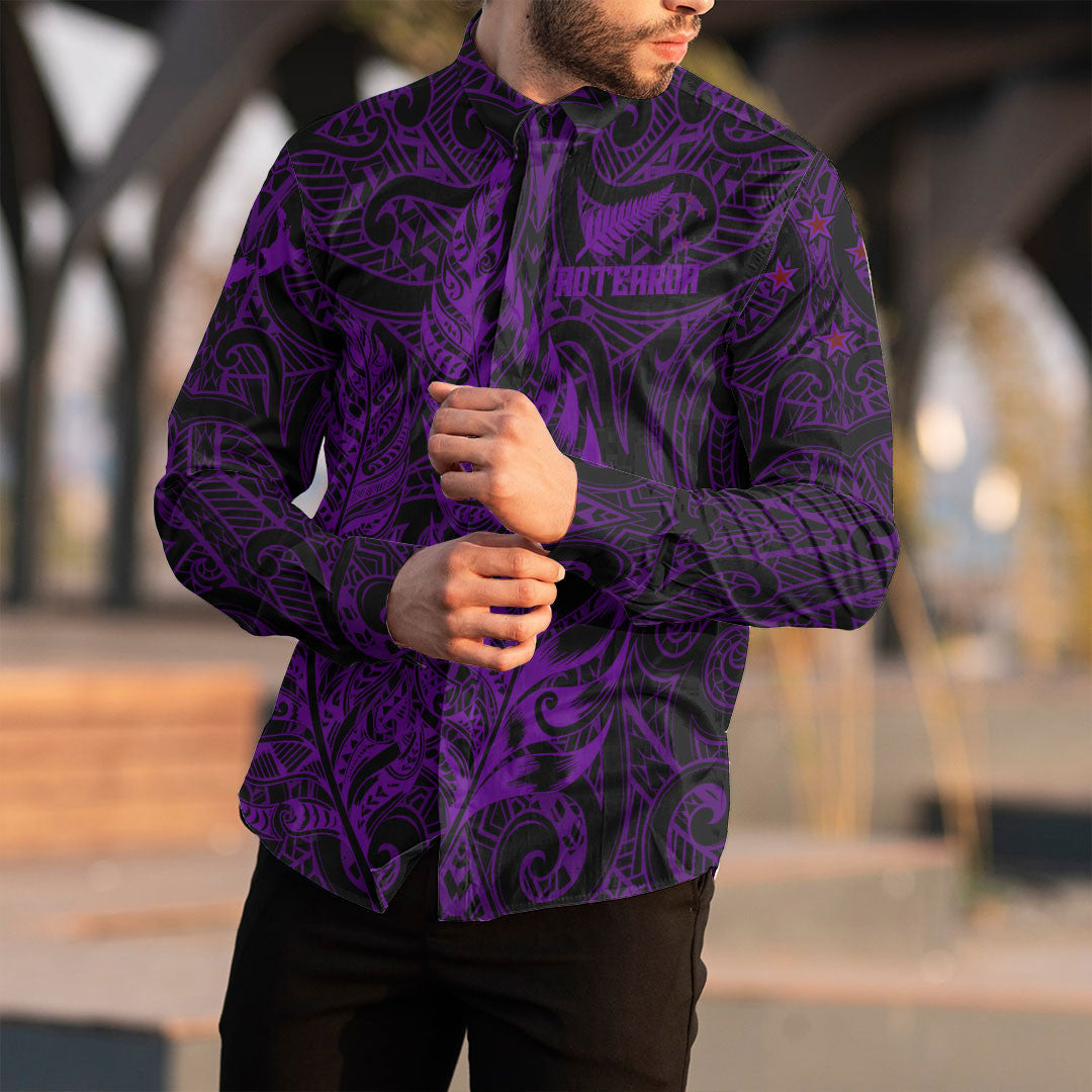 Clothing New Zealand Aotearoa Maori Silver Fern New Purple Version Long Sleeve Button Shirt