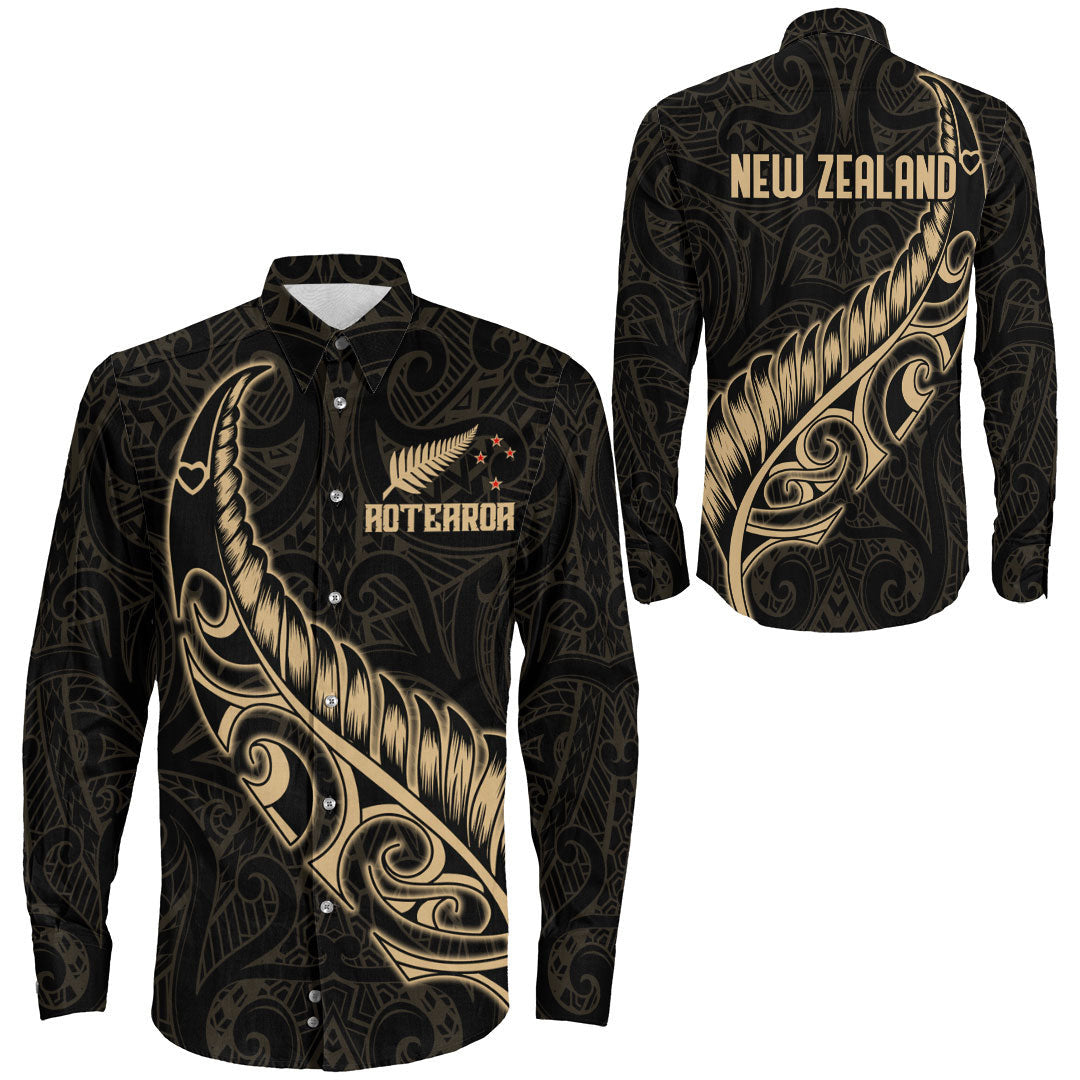 Clothing New Zealand Aotearoa Maori Fern Gold Version Long Sleeve Button Shirt