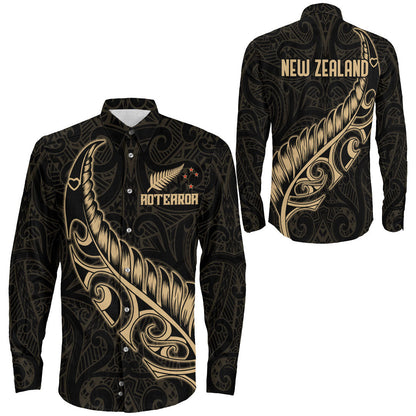 Clothing New Zealand Aotearoa Maori Fern Gold Version Long Sleeve Button Shirt
