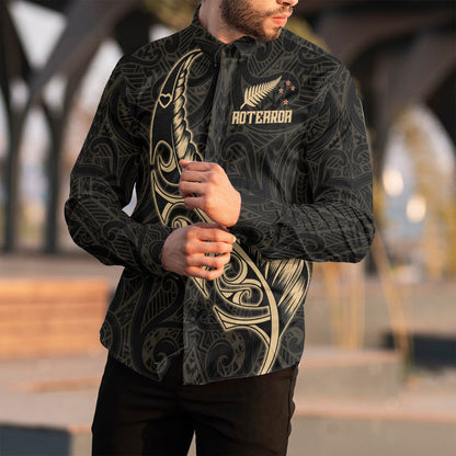 Clothing New Zealand Aotearoa Maori Fern Gold Version Long Sleeve Button Shirt