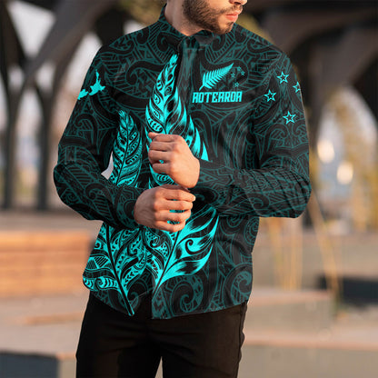 Clothing New Zealand Aotearoa Maori Silver Fern New Cyan Version Long Sleeve Button Shirt