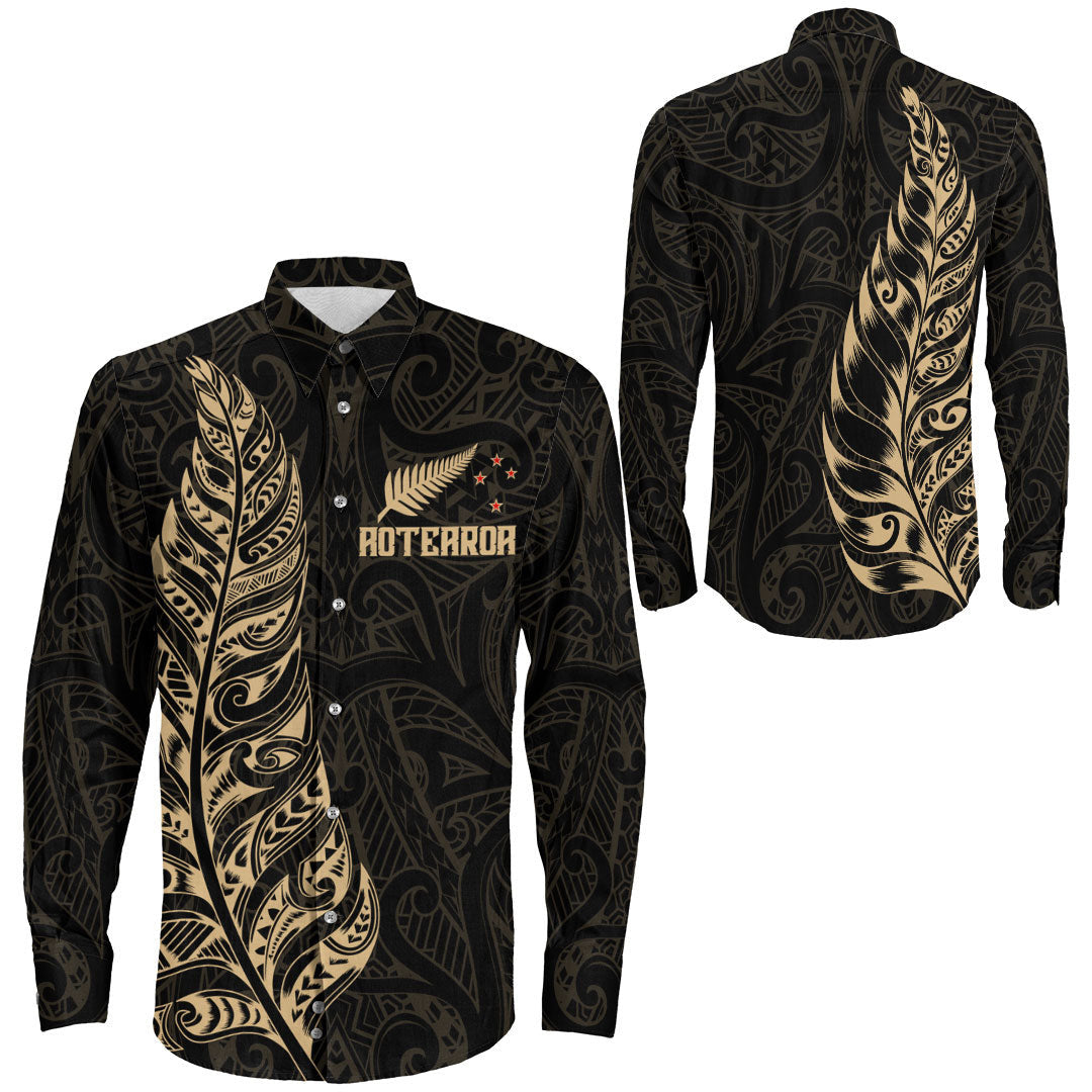 Clothing New Zealand Aotearoa Maori Silver Fern Gold Version Long Sleeve Button Shirt