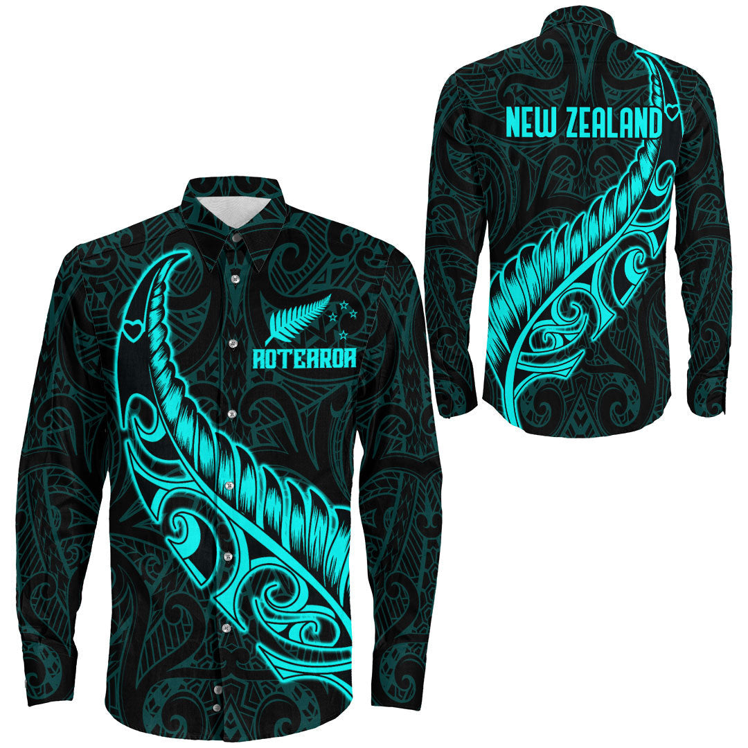 Clothing New Zealand Aotearoa Maori Fern Cyan Version Long Sleeve Button Shirt