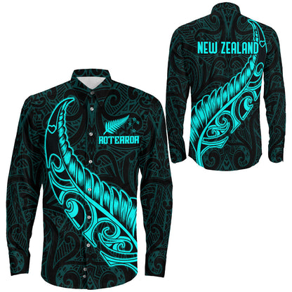 Clothing New Zealand Aotearoa Maori Fern Cyan Version Long Sleeve Button Shirt