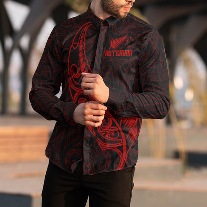 Clothing New Zealand Aotearoa Maori Fern Red Version Long Sleeve Button Shirt
