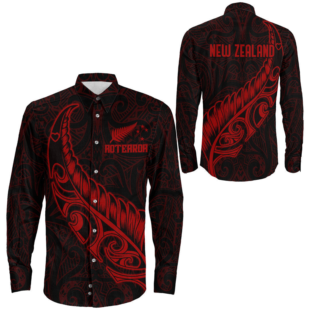 Clothing New Zealand Aotearoa Maori Fern Red Version Long Sleeve Button Shirt